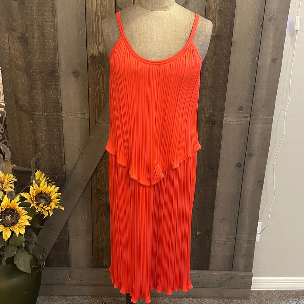 Vintage 70s Poppy Orange Pleated Midi Dress | Jody T of California | Size 8